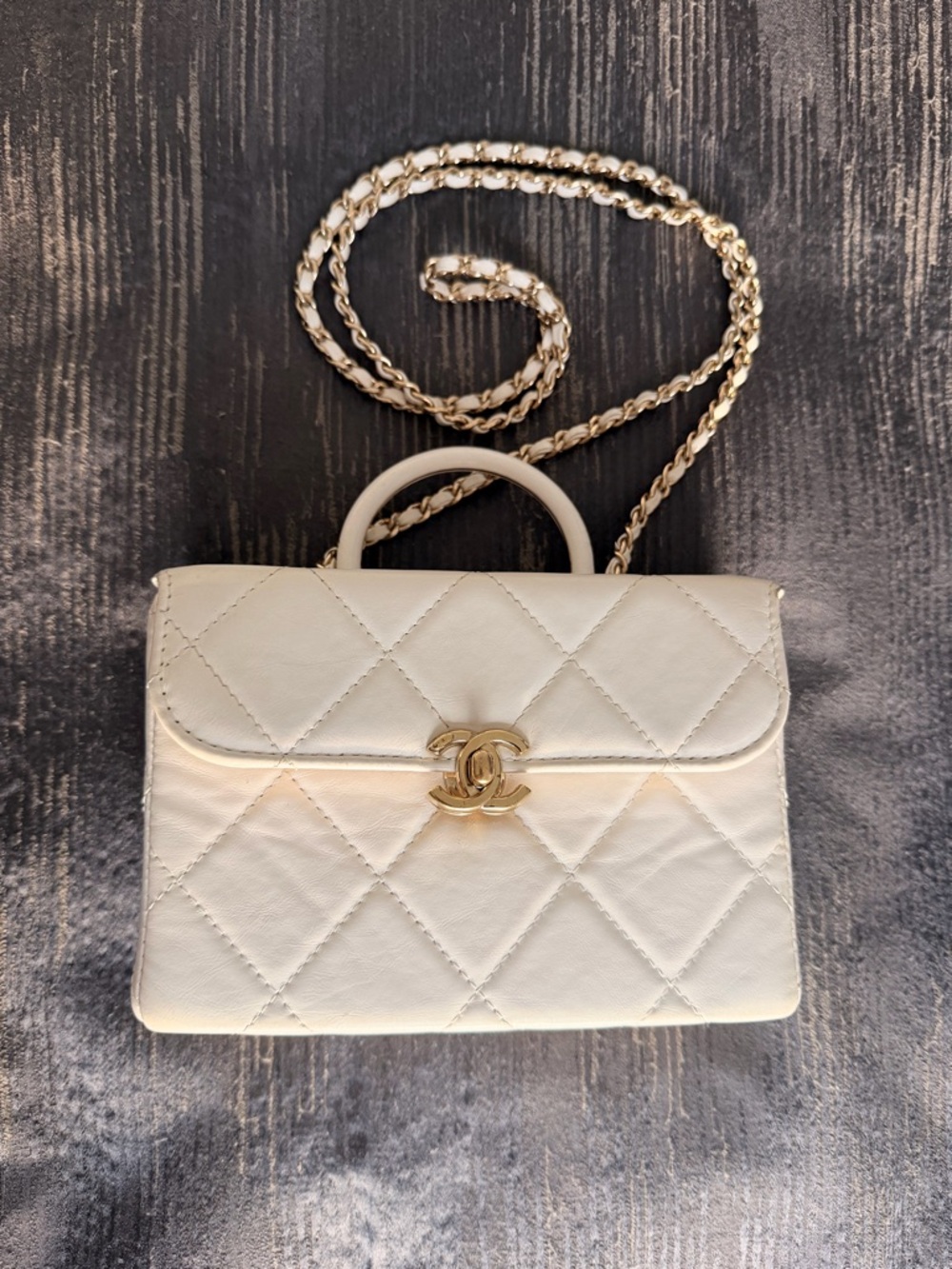 CHANEL Cream Quilted Leather Mini Top-Handle Bag with Gold Chain